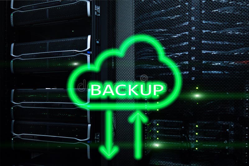 Backup button on modern server room background. Data loss prevention. System recovery royalty free stock images
