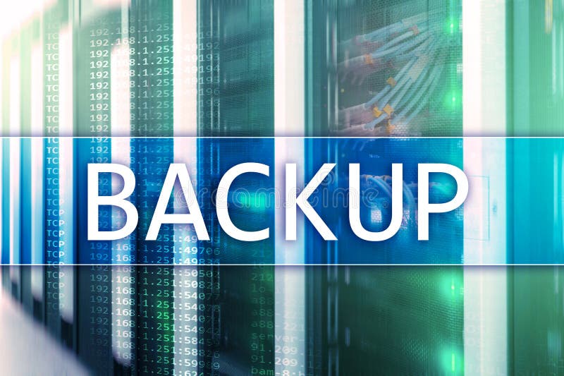 Backup button on modern server room background. Data loss prevention. System recovery stock photo