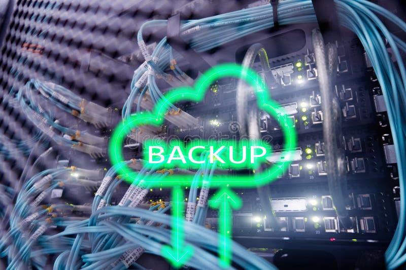 Backup button on modern server room background. Data loss prevention. System recovery stock images