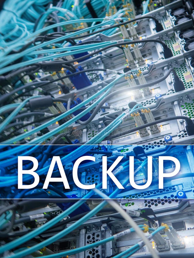 Backup button on modern server room background. Data loss prevention. System recovery stock photo