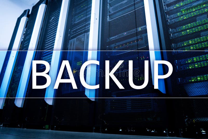 Backup button on modern server room background. Data loss prevention. System recovery royalty free stock photos