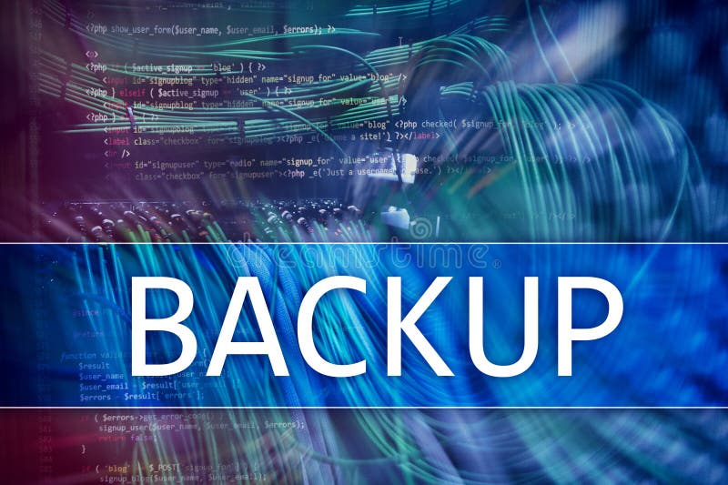 Backup button on modern server room background. Data loss prevention. System recovery. vector illustration