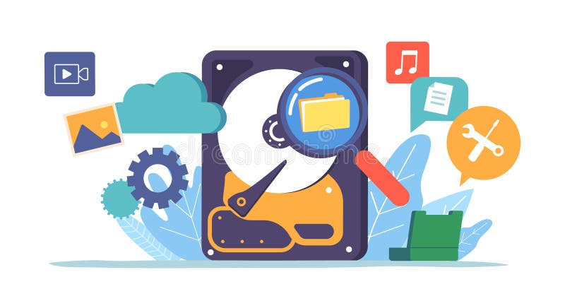 Backup and Data Recovery Modern Technologies Concept. Computer Hard Disk, Cloud Storage, Media Files and Instruments vector illustration