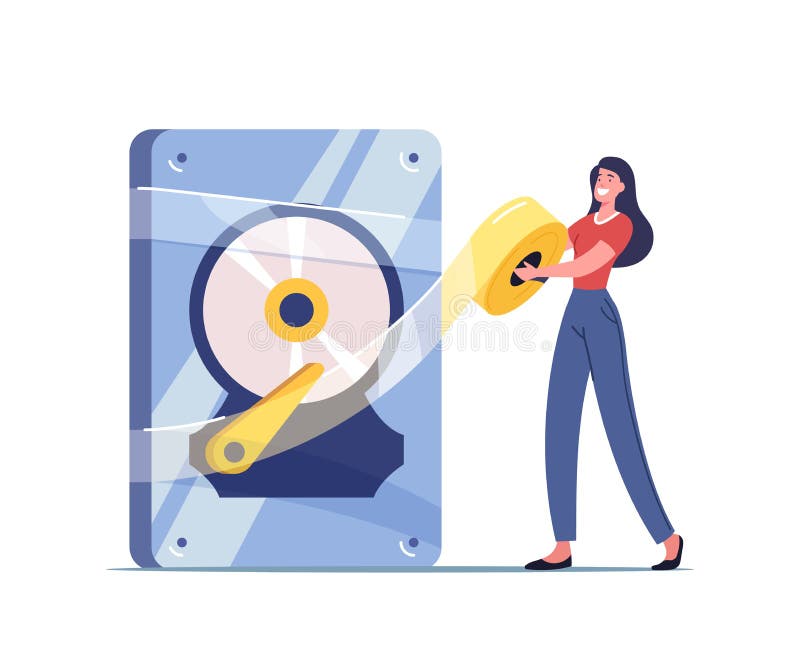 Backup, Data Recovery and Protection Service, Hardware Repair Concept. Tiny Female Character Fix Huge Broken Hard Disk vector illustration