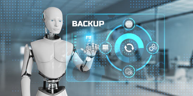 Backup data recovery. Robot pressing button on screen 3d render stock illustration