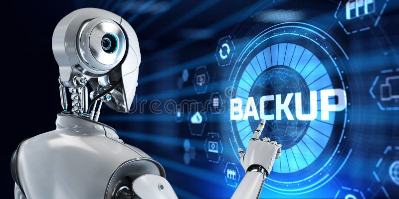 Backup data recovery. Robot pressing button on screen 3d render stock illustration