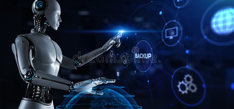 Backup data recovery. Robot pressing button on screen 3d render vector illustration
