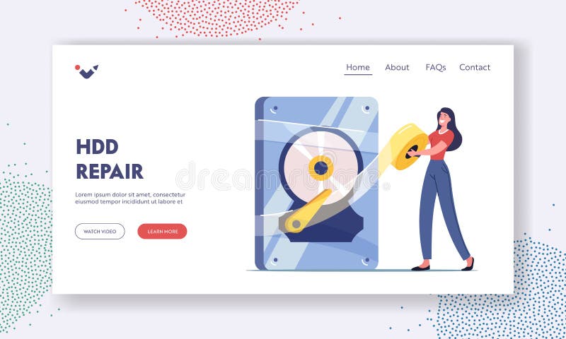 Backup, Data Recovery Service, Hardware Repair Landing Page Template. Tiny Female Character Fixing Huge Broken Computer stock illustration