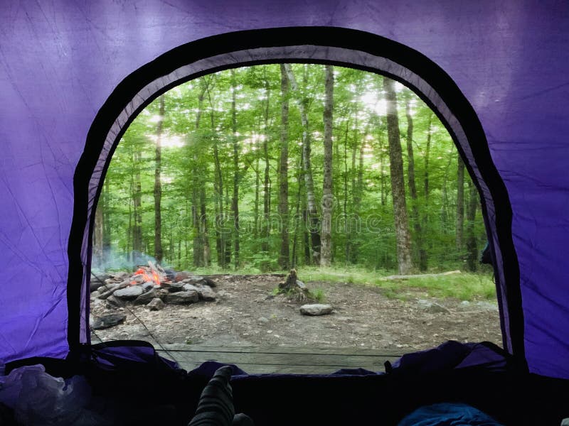 Dentro sul al di fuori da una tenda con la vista foresta un falò foreste da collegare Riserva nord.