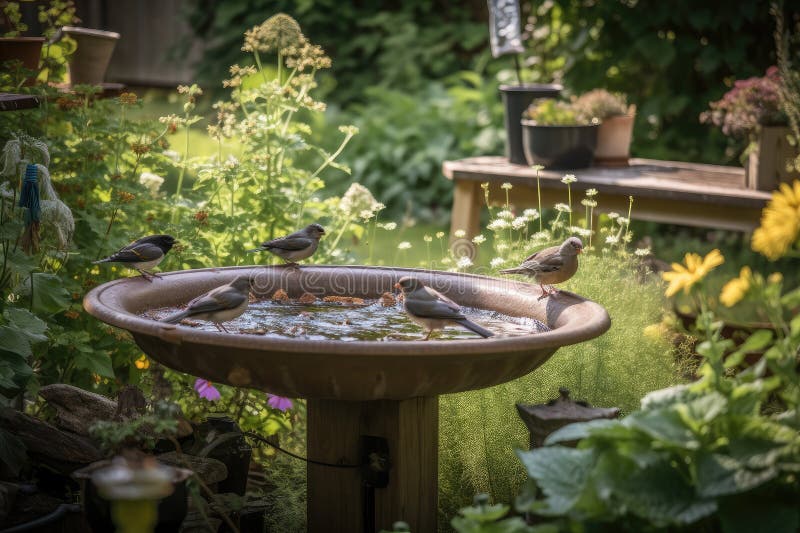 Backyard with Birdbath and Feeder, Attracting Feathered Visitors Stock