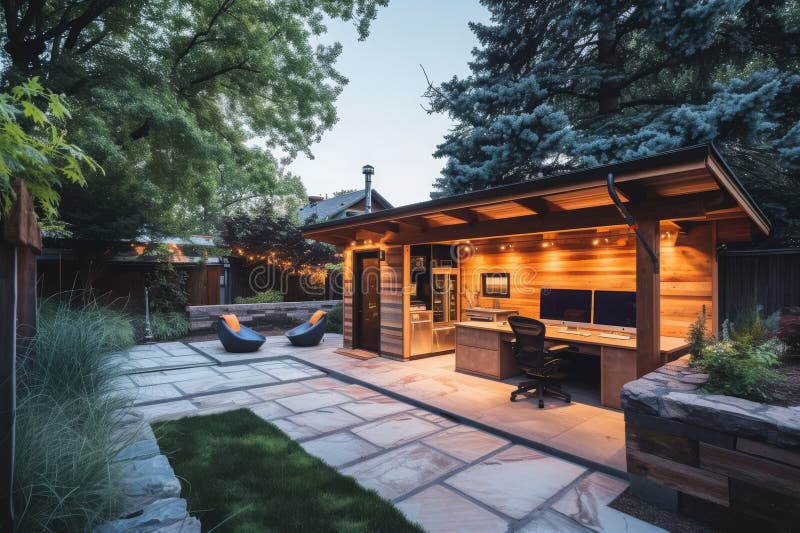 A Backyard Featuring a Covered Patio with a Functional Computer Desk