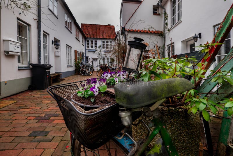 Backyard with flowers in Lubeck Town. Germany stock images Backyard with flowers in Lubeck Town. Germany stock images