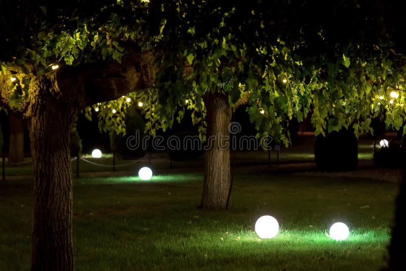 Backyard garden with round balls of ground lanterns. Backyard garden with round balls of ground lanterns on mowed lawn and garlands on branches of deciduous royalty free stock image