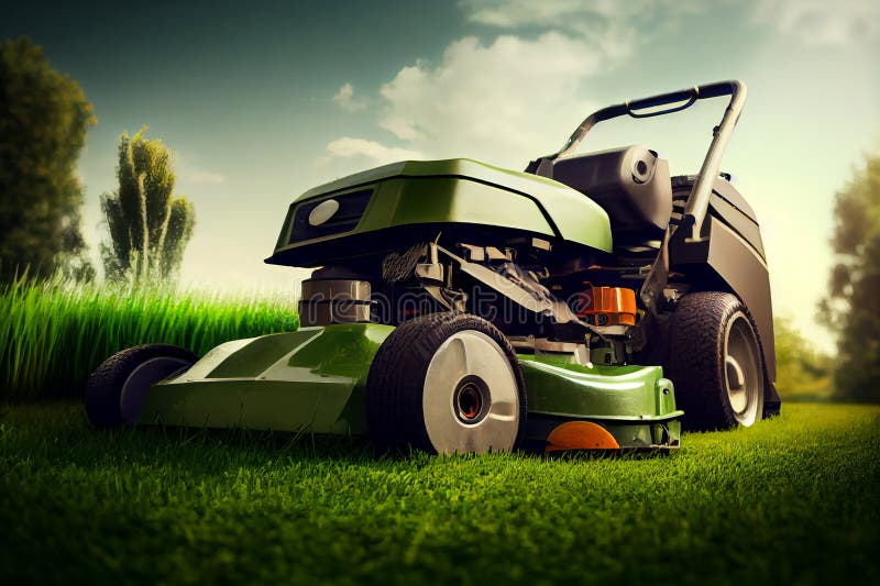 Backyard Lawn Mower on Green Grass Illustration Generative AI Stock