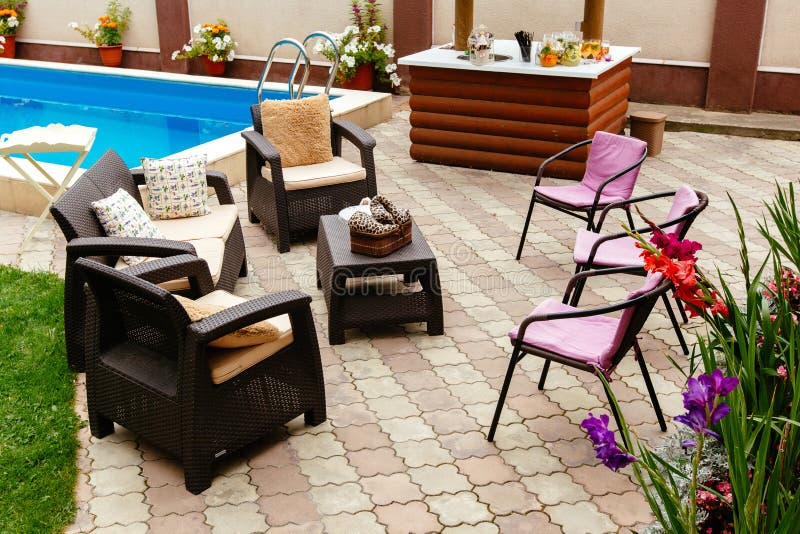 Backyard with Swimming Pool and Patio Area. Stock Image Image of