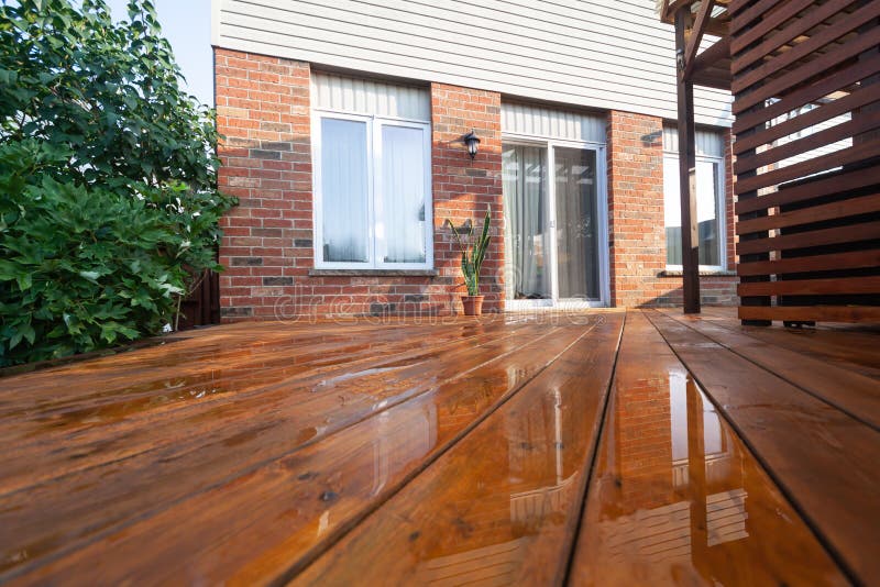 Backyard Wooden Deck Floor Boards with Fresh Brown Stain Stock Image Image of deck, renovation