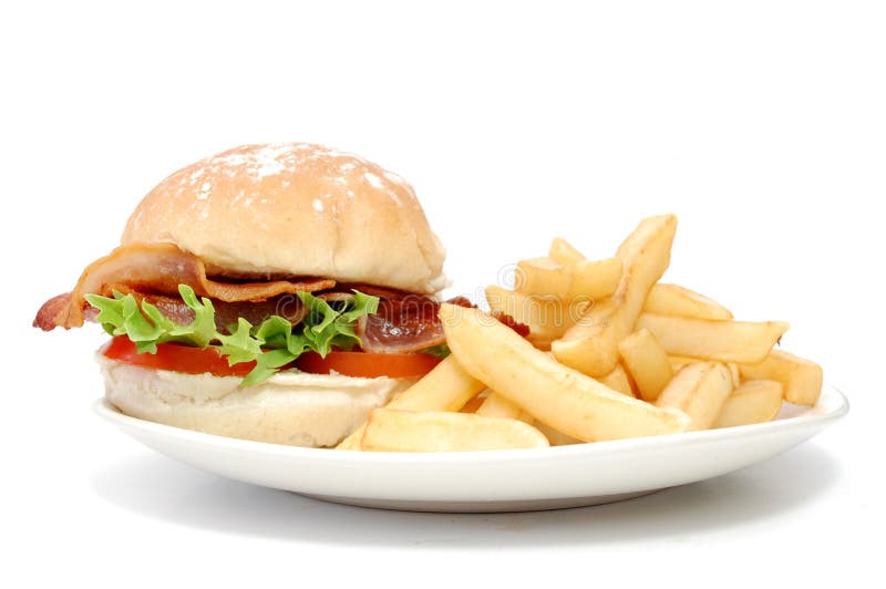 Bacon burger and fries stock photography