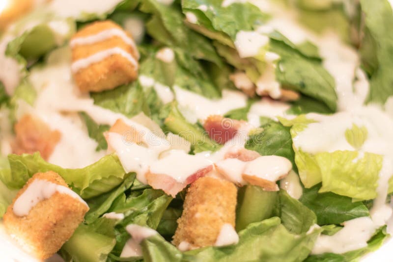 Bacon Caesar Salad with Shredded Parmeasan Cheese and Bread Cubes Stock Image Image of fresh