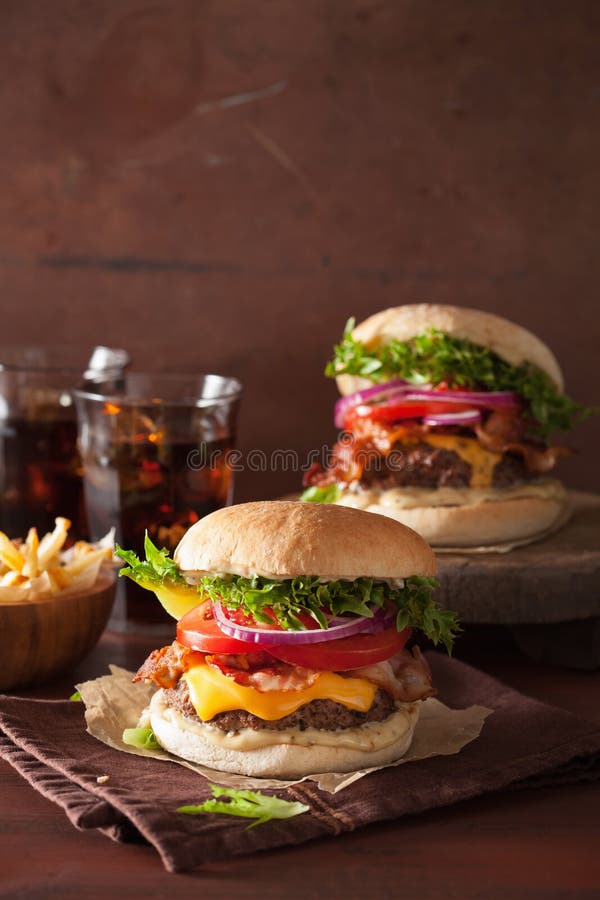 Bacon Cheese Burger with Beef Patty Tomato Onion Stock Image Image of