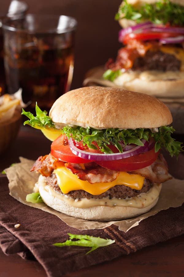 Bacon Cheese Burger with Beef Patty Tomato Onion Stock Photo Image of