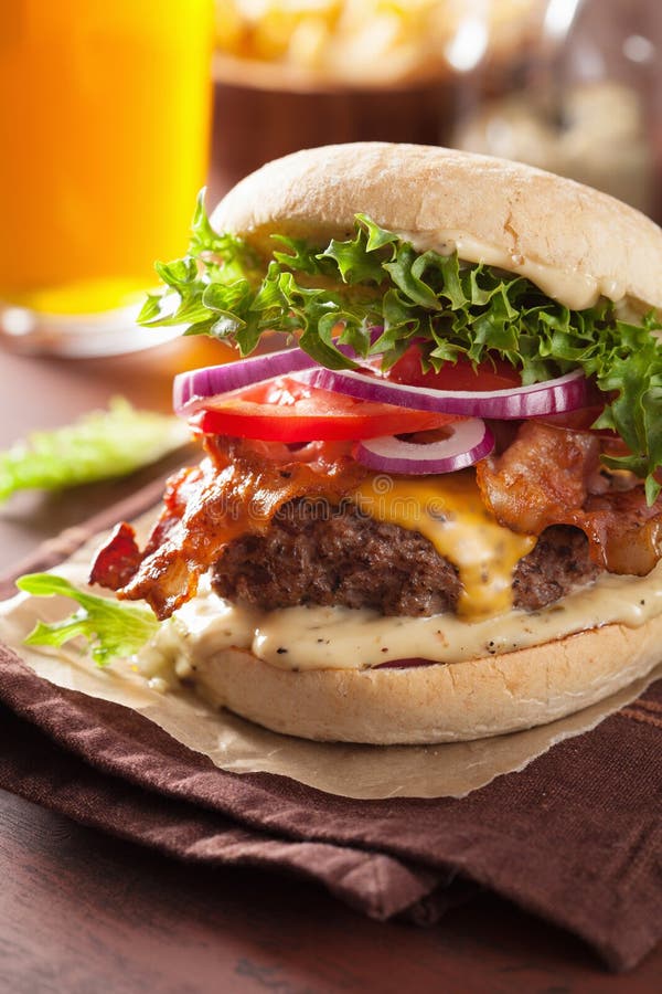 Bacon Cheese Burger with Beef Patty, Tomato and Onion Stock Image