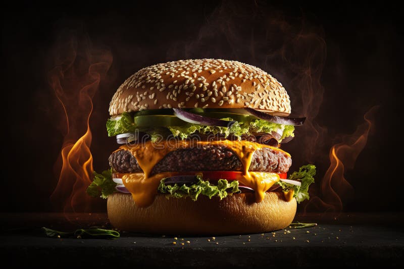 Bacon Cheese Burger with Beef Patty Tomato Onion, Hamburger Stock Photo