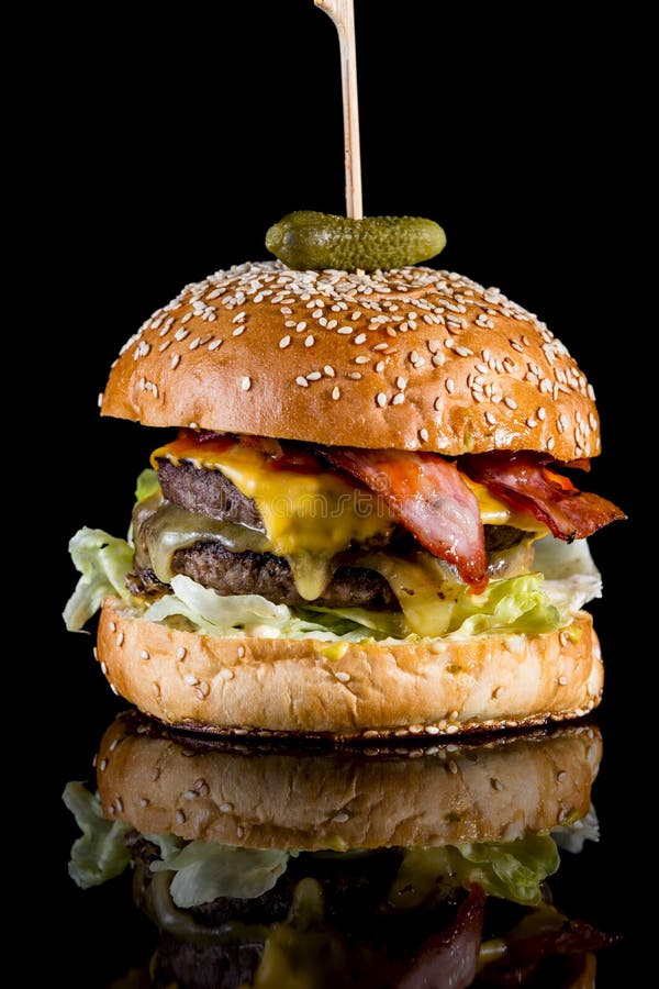 Fresh Tasty Bacon Cheese Burger with Reflection Isolated on Bla Stock