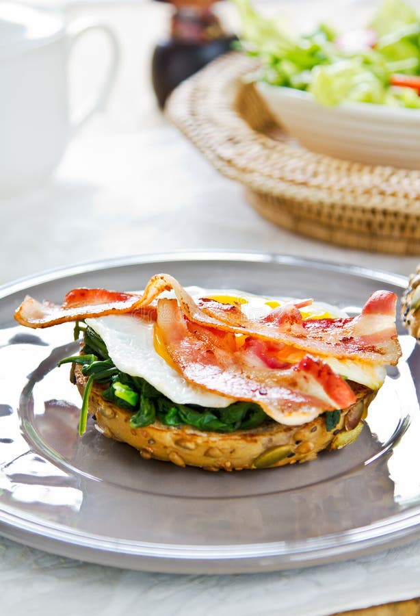 Bacon ,Egg and Spinach Sandwich Breakfast Stock Photo Image of