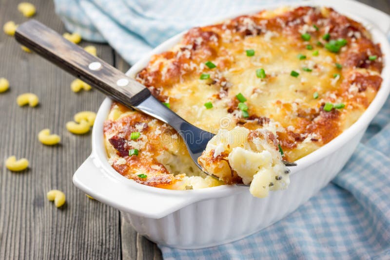 Bacon lovers' mac and cheese in baking dish