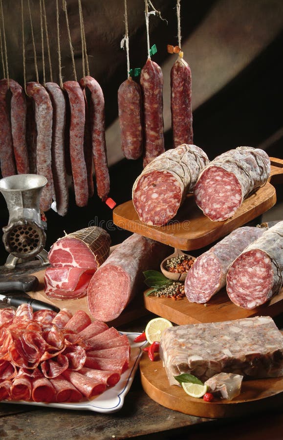Bacon sausage and salami stock photo. Image of plate 11178144