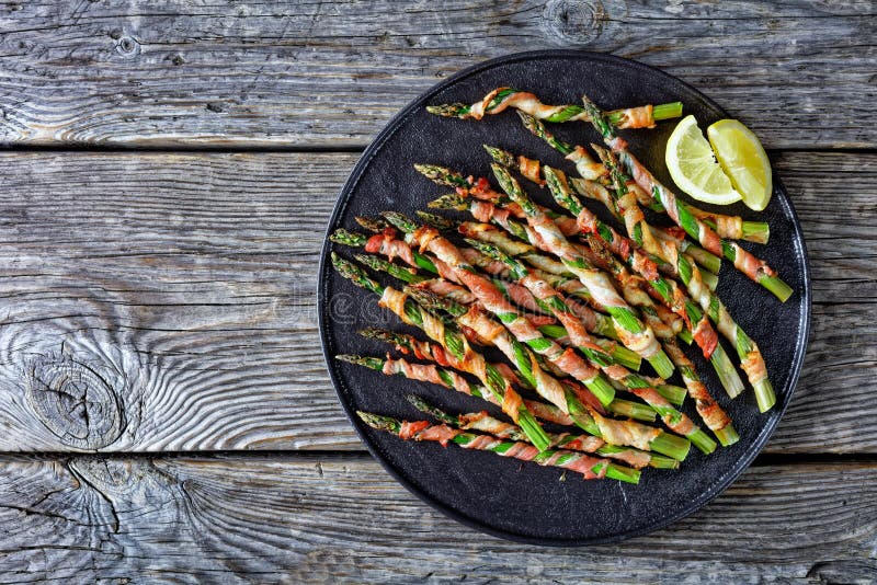 Bacon wrapped asparagus easy side dish, copy space