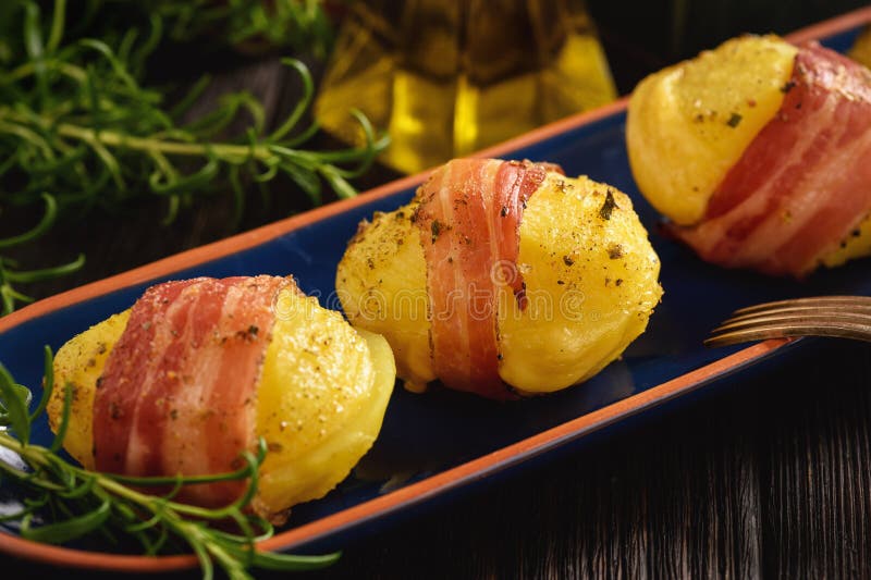 Bacon Wrapped Potatoes, Baked with Cheese. Stock Image Image of