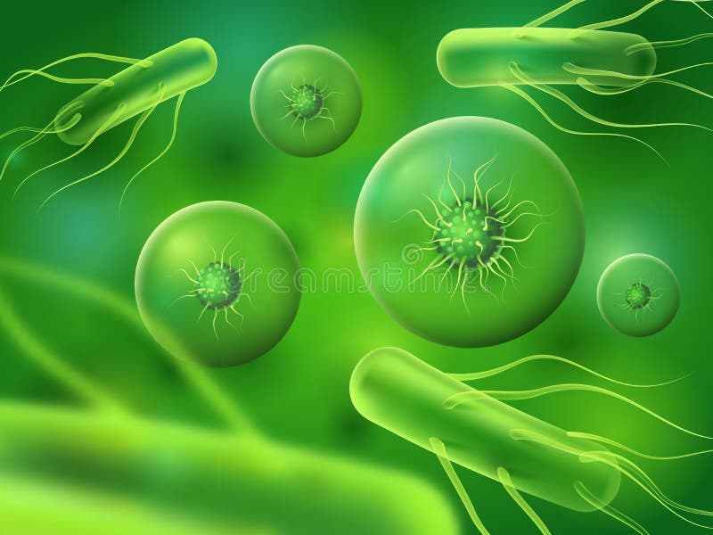 Bactéries et cellules réalistes Biologie microscopique verte ou organismes micro de nature Fond biologique abstrait de cellules