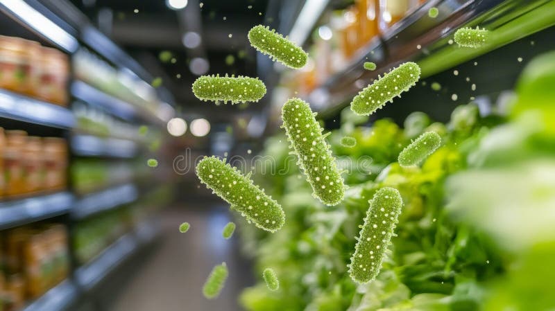 Bactéries à danger invisible qui s'éteignent dans les épiceries produisent des préoccupations en matière de salubrité alimentaire. illustration libre de droits