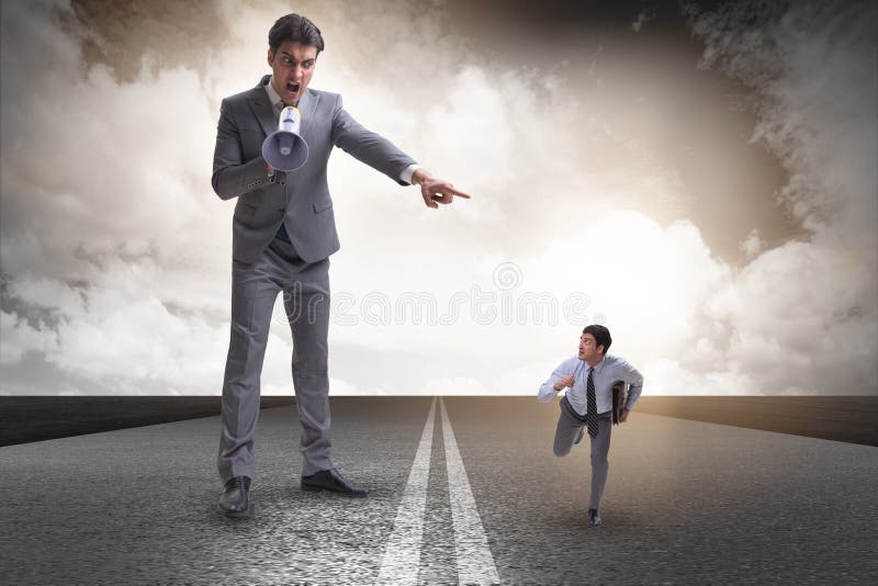 The bad angry boss shouting at employee with loudspeaker stock images