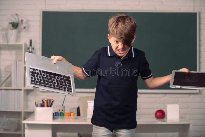 Bad Boy Student in Opposition Distance Education. Angry Kid Broken Online  Laptop at School Stock Image - Image of upset, learn: 250457875