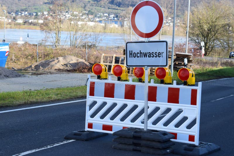 Bad Breisig, Germany - 02 04 2021: Road blocked because of the flood: Hochwasser