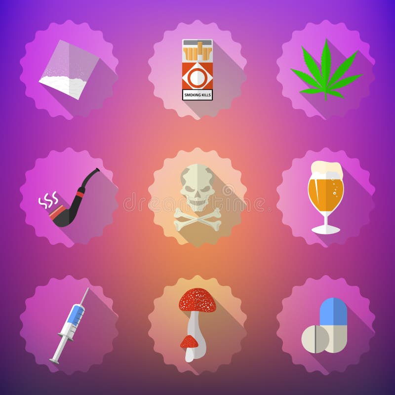 Bad Habits Flat Vector Icon Set. Include Beer, Alcohol, Pills, I Stock ...