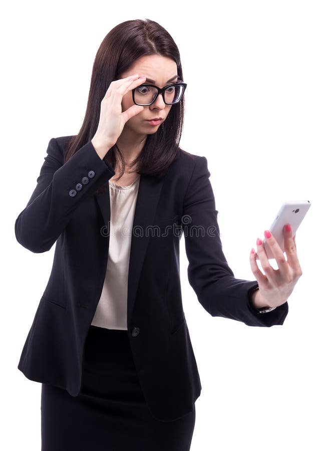 Bad news concept - surprised business woman looking at smart pho stock photography Bad news concept - surprised business woman looking at smart pho stock photography