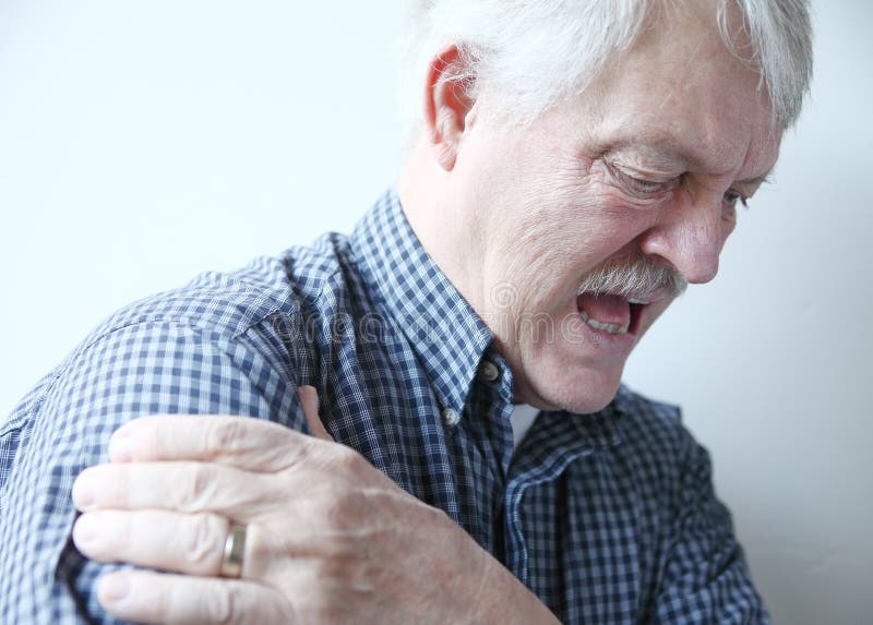 Bad pain in shoulder of senior man royalty free stock photography Bad pain in shoulder of senior man royalty free stock photography