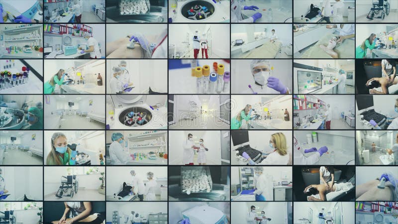 Badania naukowe w szpitalnym wideo na wielu ekranach. wideo z podzielonym ekranem badania lekarskiego
