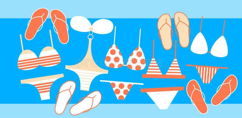 Baddräktsamling Flip Flops Set Summer Vacation royaltyfri illustrationer Baddräktsamling Flip Flops Set Summer Vacation royaltyfri illustrationer