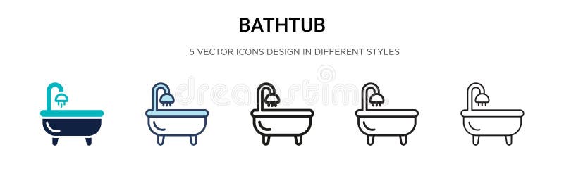 Badewannenikone in gefüllter Thin Linie Design und Anschlagart. Vektorillustration von zwei schwarzen und farbigen Badewannenvekto lizenzfreie abbildung