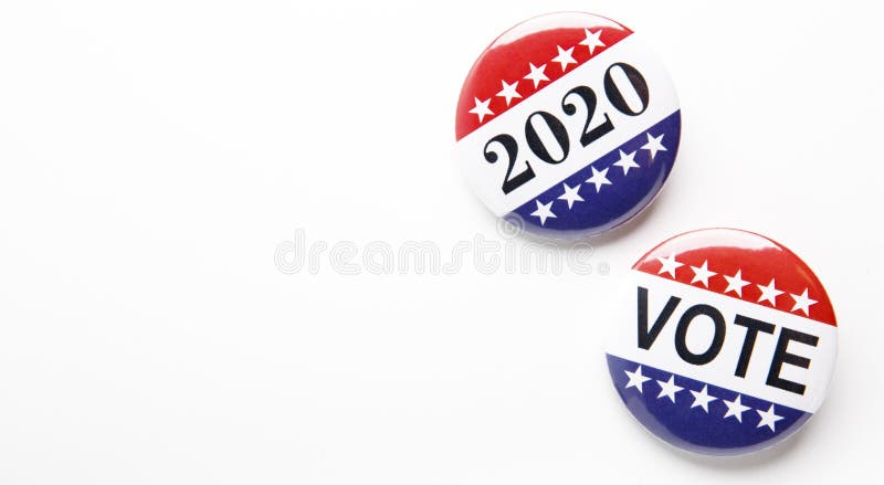 Vote Buttons Badge Isolated on White Background, 2020 US elections, panorama, copy space. Vote Buttons Badge Isolated on White Background, 2020 US elections, panorama, copy space