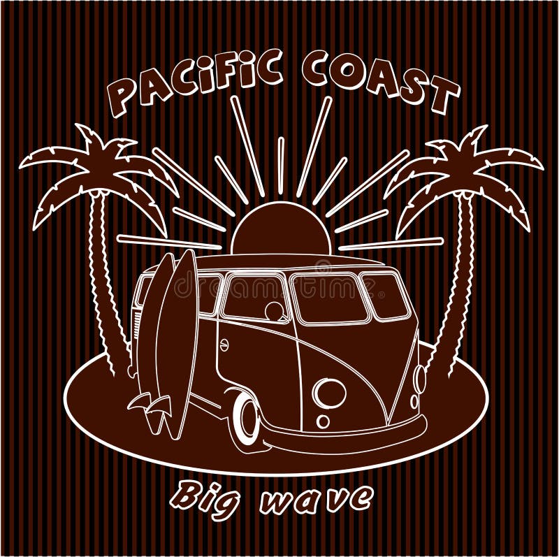 Badge old car trip to the ocean, surfing, sports, board