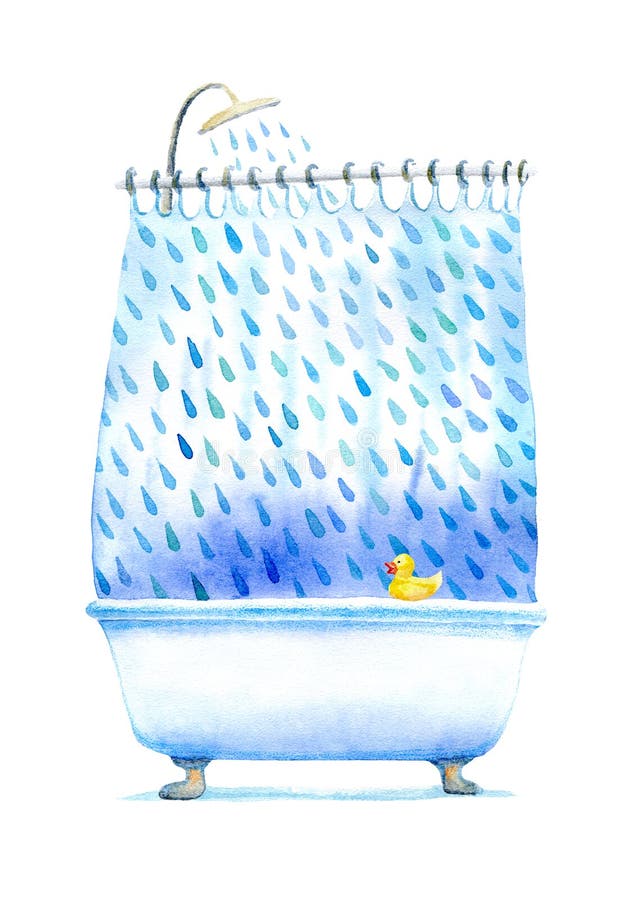 Bathroom and duck.Cartoon of a drop and shower.Interior.Watercolor hand drawn illustration.White background. Bathroom and duck.Cartoon of a drop and shower.Interior.Watercolor hand drawn illustration.White background.