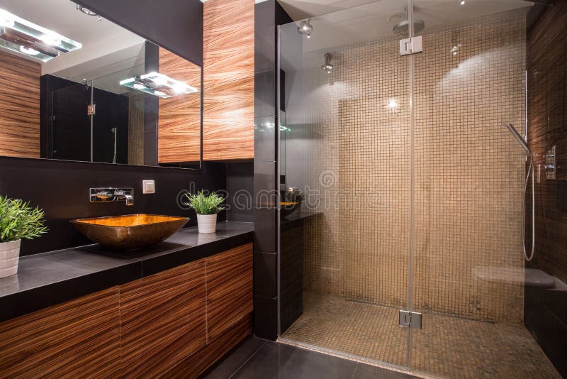 New modern bathroom with fancy shower on the wall. New modern bathroom with fancy shower on the wall