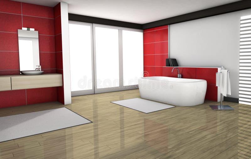 Bathroom home interior with modern fixtures, bathtub and contemporary design with red granite tiles and wooden floor, 3d render. Bathroom home interior with modern fixtures, bathtub and contemporary design with red granite tiles and wooden floor, 3d render.