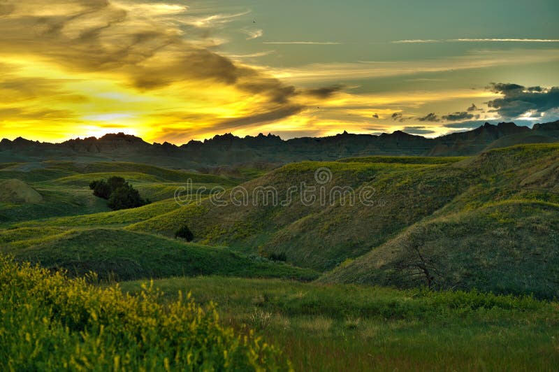 Badlands Sunset Scenery stock photo