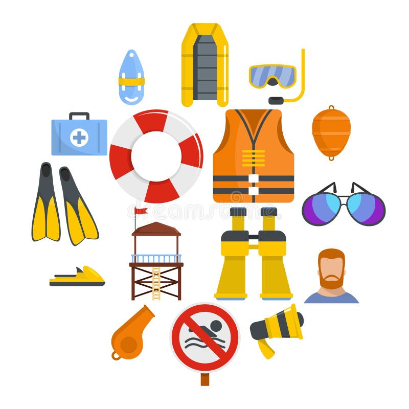 Badmeester sparen geplaatste pictogrammen, vlakke stijl vector illustratie Badmeester sparen geplaatste pictogrammen, vlakke stijl vector illustratie